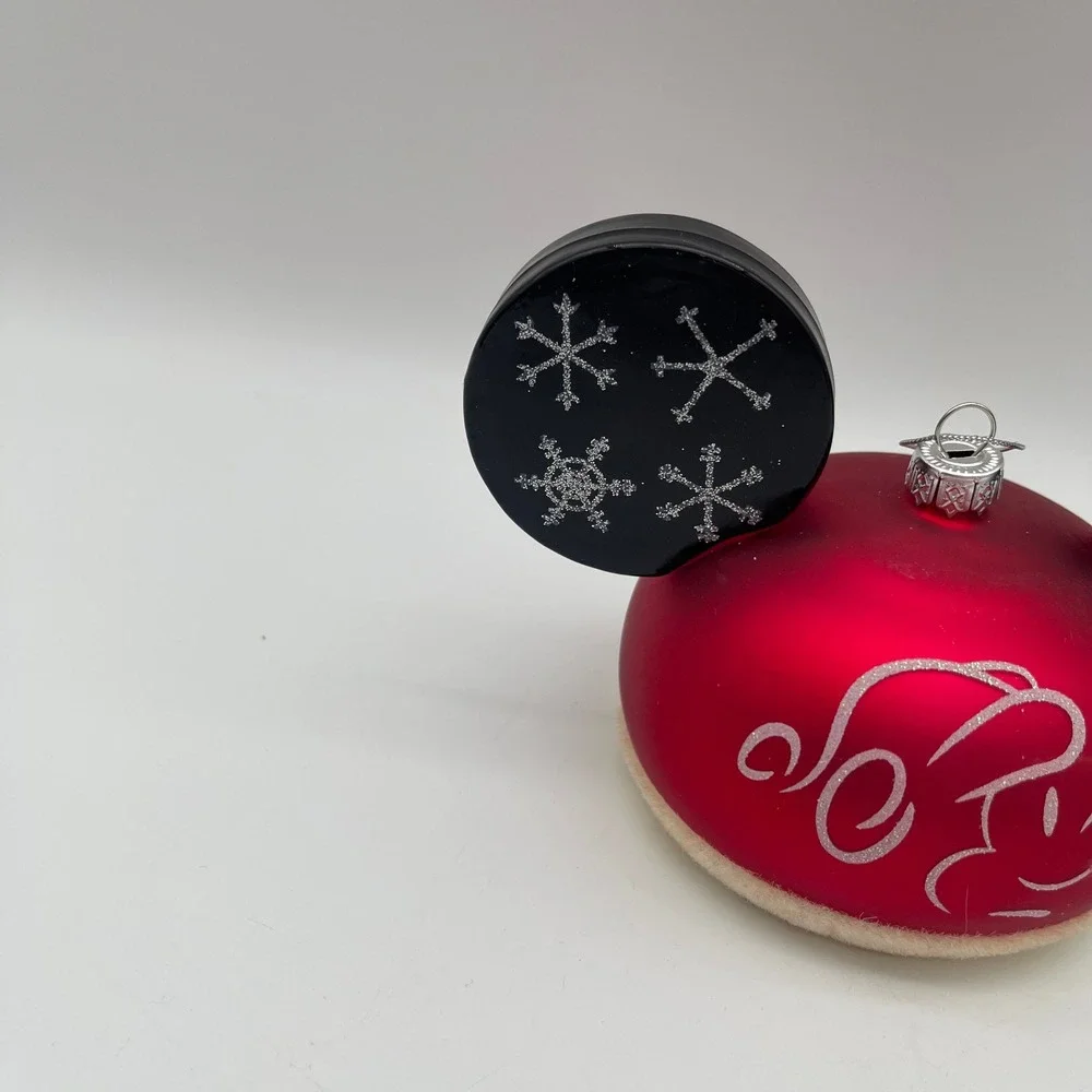 Disney Parks Mickey Mouse Ear Hat Glass Christmas Ornament Red Snowflake NEW